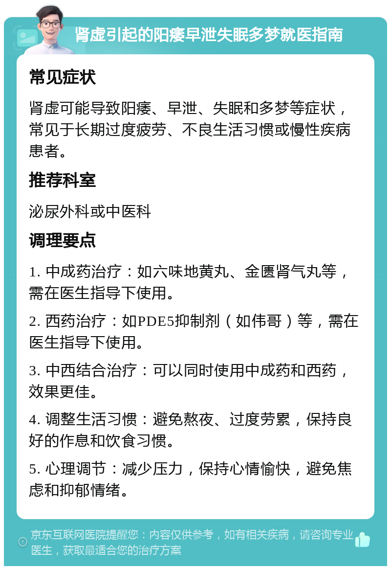 肾虚引起的阳痿早泄失眠多梦就医指南 常见症状 肾虚可能导致阳痿、早泄、失眠和多梦等症状，常见于长期过度疲劳、不良生活习惯或慢性疾病患者。 推荐科室 泌尿外科或中医科 调理要点 1. 中成药治疗：如六味地黄丸、金匮肾气丸等，需在医生指导下使用。 2. 西药治疗：如PDE5抑制剂（如伟哥）等，需在医生指导下使用。 3. 中西结合治疗：可以同时使用中成药和西药，效果更佳。 4. 调整生活习惯：避免熬夜、过度劳累，保持良好的作息和饮食习惯。 5. 心理调节：减少压力，保持心情愉快，避免焦虑和抑郁情绪。