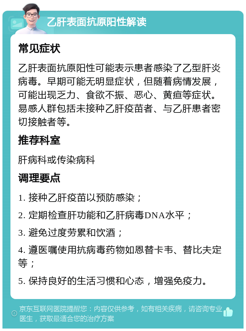 乙肝表面抗原阳性解读 常见症状 乙肝表面抗原阳性可能表示患者感染了乙型肝炎病毒。早期可能无明显症状，但随着病情发展，可能出现乏力、食欲不振、恶心、黄疸等症状。易感人群包括未接种乙肝疫苗者、与乙肝患者密切接触者等。 推荐科室 肝病科或传染病科 调理要点 1. 接种乙肝疫苗以预防感染； 2. 定期检查肝功能和乙肝病毒DNA水平； 3. 避免过度劳累和饮酒； 4. 遵医嘱使用抗病毒药物如恩替卡韦、替比夫定等； 5. 保持良好的生活习惯和心态，增强免疫力。