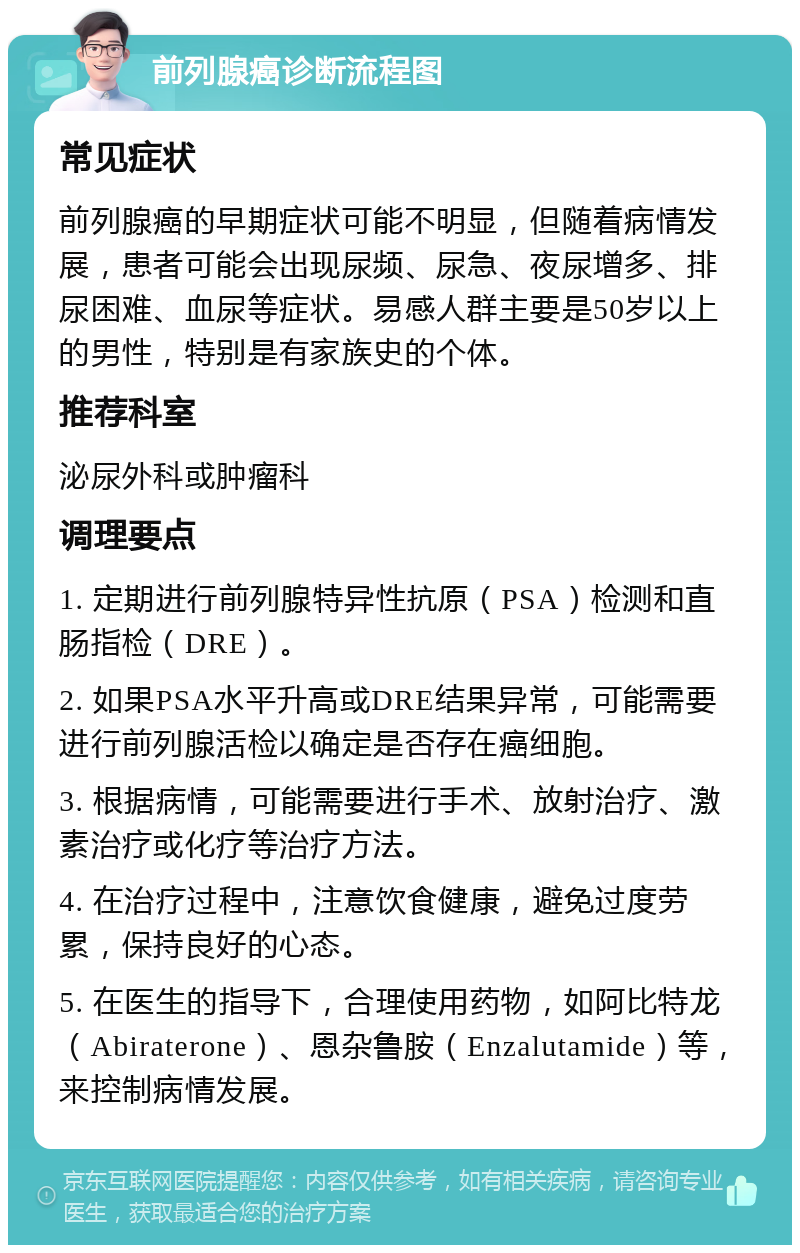 前列腺癌诊断流程图 常见症状 前列腺癌的早期症状可能不明显，但随着病情发展，患者可能会出现尿频、尿急、夜尿增多、排尿困难、血尿等症状。易感人群主要是50岁以上的男性，特别是有家族史的个体。 推荐科室 泌尿外科或肿瘤科 调理要点 1. 定期进行前列腺特异性抗原（PSA）检测和直肠指检（DRE）。 2. 如果PSA水平升高或DRE结果异常，可能需要进行前列腺活检以确定是否存在癌细胞。 3. 根据病情，可能需要进行手术、放射治疗、激素治疗或化疗等治疗方法。 4. 在治疗过程中，注意饮食健康，避免过度劳累，保持良好的心态。 5. 在医生的指导下，合理使用药物，如阿比特龙（Abiraterone）、恩杂鲁胺（Enzalutamide）等，来控制病情发展。