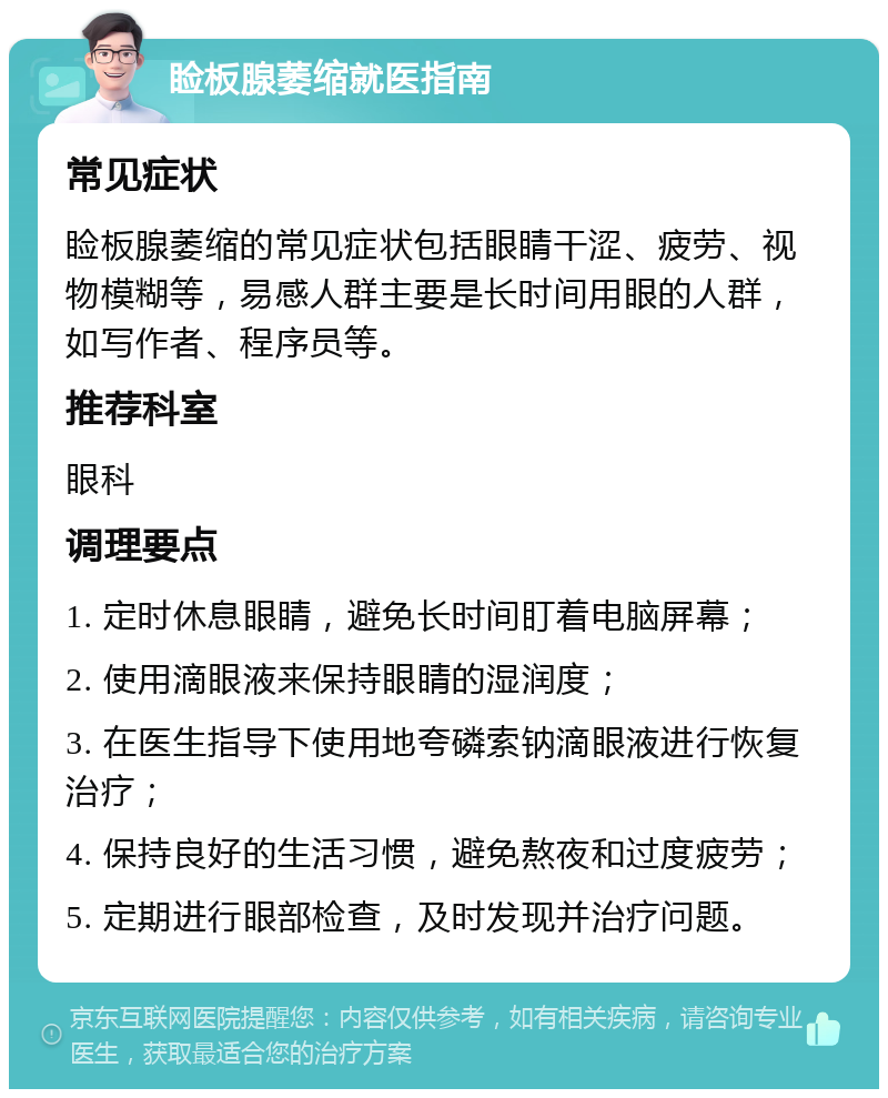 睑板腺萎缩就医指南 常见症状 睑板腺萎缩的常见症状包括眼睛干涩、疲劳、视物模糊等，易感人群主要是长时间用眼的人群，如写作者、程序员等。 推荐科室 眼科 调理要点 1. 定时休息眼睛，避免长时间盯着电脑屏幕； 2. 使用滴眼液来保持眼睛的湿润度； 3. 在医生指导下使用地夸磷索钠滴眼液进行恢复治疗； 4. 保持良好的生活习惯，避免熬夜和过度疲劳； 5. 定期进行眼部检查，及时发现并治疗问题。