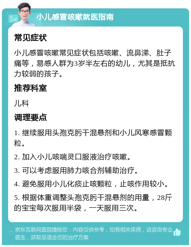 小儿感冒咳嗽就医指南 常见症状 小儿感冒咳嗽常见症状包括咳嗽、流鼻涕、肚子痛等，易感人群为3岁半左右的幼儿，尤其是抵抗力较弱的孩子。 推荐科室 儿科 调理要点 1. 继续服用头孢克肟干混悬剂和小儿风寒感冒颗粒。 2. 加入小儿咳喘灵口服液治疗咳嗽。 3. 可以考虑服用肺力咳合剂辅助治疗。 4. 避免服用小儿化痰止咳颗粒，止咳作用较小。 5. 根据体重调整头孢克肟干混悬剂的用量，28斤的宝宝每次服用半袋，一天服用三次。