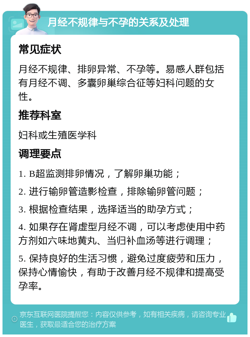 月经不规律与不孕的关系及处理 常见症状 月经不规律、排卵异常、不孕等。易感人群包括有月经不调、多囊卵巢综合征等妇科问题的女性。 推荐科室 妇科或生殖医学科 调理要点 1. B超监测排卵情况，了解卵巢功能； 2. 进行输卵管造影检查，排除输卵管问题； 3. 根据检查结果，选择适当的助孕方式； 4. 如果存在肾虚型月经不调，可以考虑使用中药方剂如六味地黄丸、当归补血汤等进行调理； 5. 保持良好的生活习惯，避免过度疲劳和压力，保持心情愉快，有助于改善月经不规律和提高受孕率。