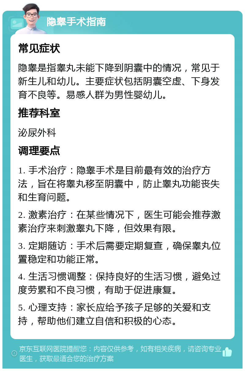 隐睾手术指南 常见症状 隐睾是指睾丸未能下降到阴囊中的情况，常见于新生儿和幼儿。主要症状包括阴囊空虚、下身发育不良等。易感人群为男性婴幼儿。 推荐科室 泌尿外科 调理要点 1. 手术治疗：隐睾手术是目前最有效的治疗方法，旨在将睾丸移至阴囊中，防止睾丸功能丧失和生育问题。 2. 激素治疗：在某些情况下，医生可能会推荐激素治疗来刺激睾丸下降，但效果有限。 3. 定期随访：手术后需要定期复查，确保睾丸位置稳定和功能正常。 4. 生活习惯调整：保持良好的生活习惯，避免过度劳累和不良习惯，有助于促进康复。 5. 心理支持：家长应给予孩子足够的关爱和支持，帮助他们建立自信和积极的心态。