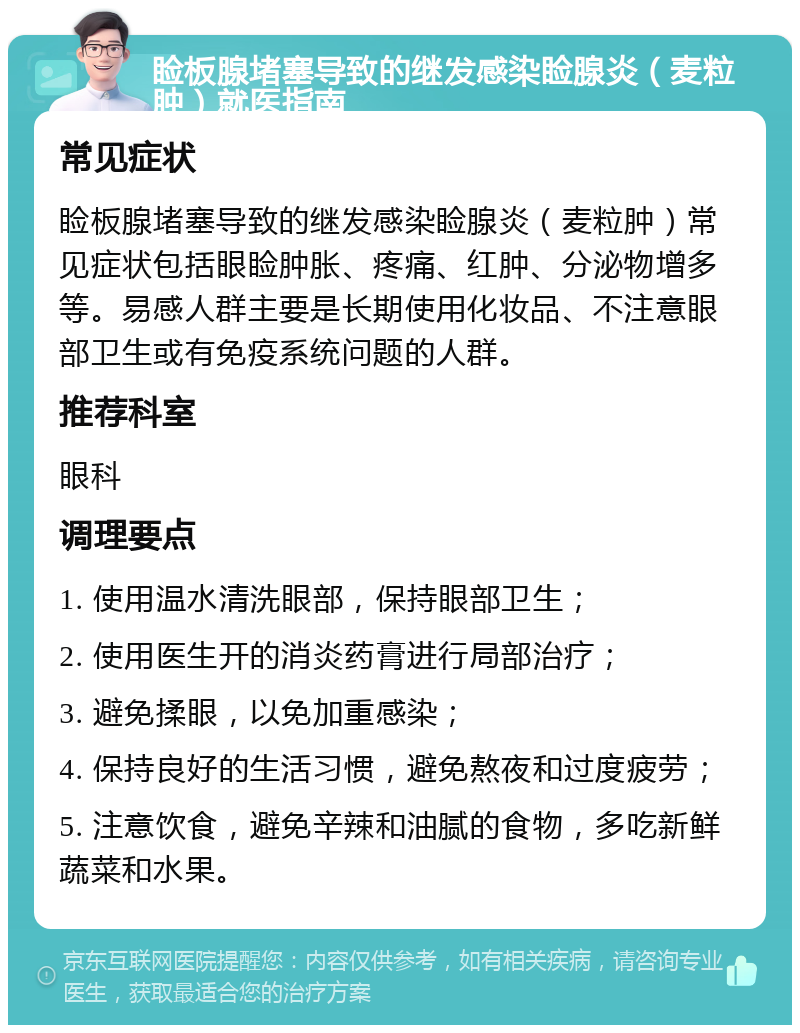 睑板腺堵塞导致的继发感染睑腺炎（麦粒肿）就医指南 常见症状 睑板腺堵塞导致的继发感染睑腺炎（麦粒肿）常见症状包括眼睑肿胀、疼痛、红肿、分泌物增多等。易感人群主要是长期使用化妆品、不注意眼部卫生或有免疫系统问题的人群。 推荐科室 眼科 调理要点 1. 使用温水清洗眼部，保持眼部卫生； 2. 使用医生开的消炎药膏进行局部治疗； 3. 避免揉眼，以免加重感染； 4. 保持良好的生活习惯，避免熬夜和过度疲劳； 5. 注意饮食，避免辛辣和油腻的食物，多吃新鲜蔬菜和水果。