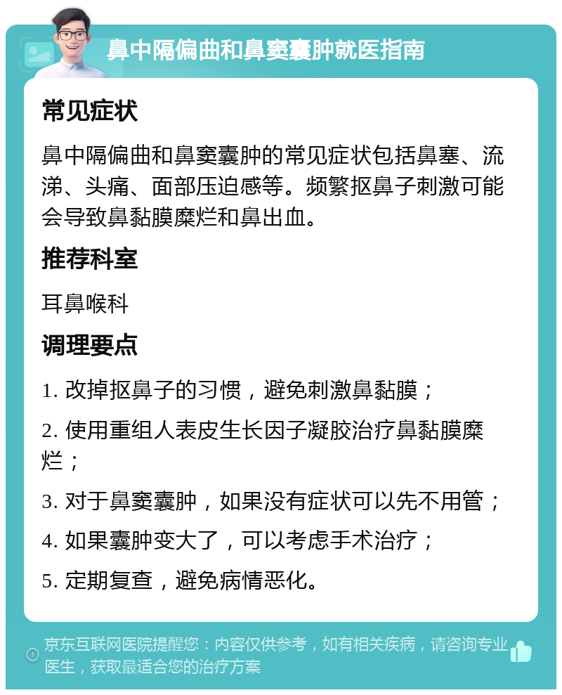 鼻中隔偏曲和鼻窦囊肿就医指南 常见症状 鼻中隔偏曲和鼻窦囊肿的常见症状包括鼻塞、流涕、头痛、面部压迫感等。频繁抠鼻子刺激可能会导致鼻黏膜糜烂和鼻出血。 推荐科室 耳鼻喉科 调理要点 1. 改掉抠鼻子的习惯，避免刺激鼻黏膜； 2. 使用重组人表皮生长因子凝胶治疗鼻黏膜糜烂； 3. 对于鼻窦囊肿，如果没有症状可以先不用管； 4. 如果囊肿变大了，可以考虑手术治疗； 5. 定期复查，避免病情恶化。