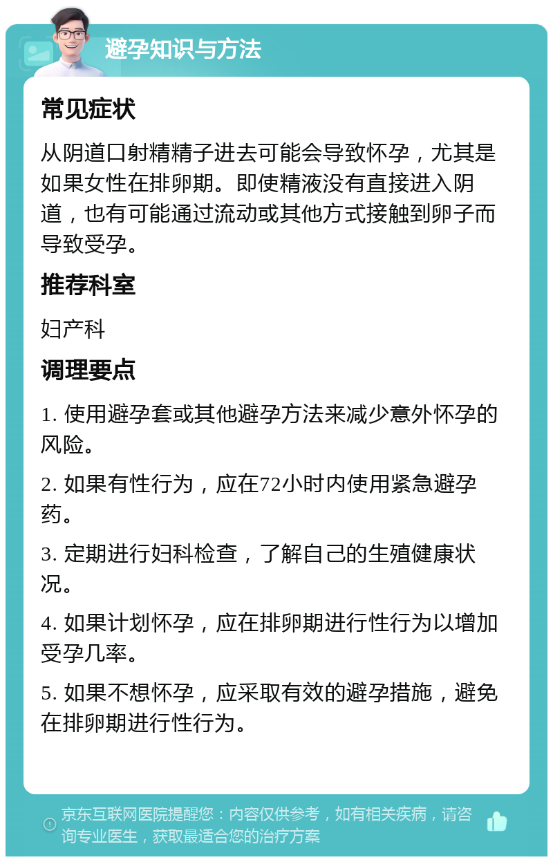 避孕知识与方法 常见症状 从阴道口射精精子进去可能会导致怀孕，尤其是如果女性在排卵期。即使精液没有直接进入阴道，也有可能通过流动或其他方式接触到卵子而导致受孕。 推荐科室 妇产科 调理要点 1. 使用避孕套或其他避孕方法来减少意外怀孕的风险。 2. 如果有性行为，应在72小时内使用紧急避孕药。 3. 定期进行妇科检查，了解自己的生殖健康状况。 4. 如果计划怀孕，应在排卵期进行性行为以增加受孕几率。 5. 如果不想怀孕，应采取有效的避孕措施，避免在排卵期进行性行为。