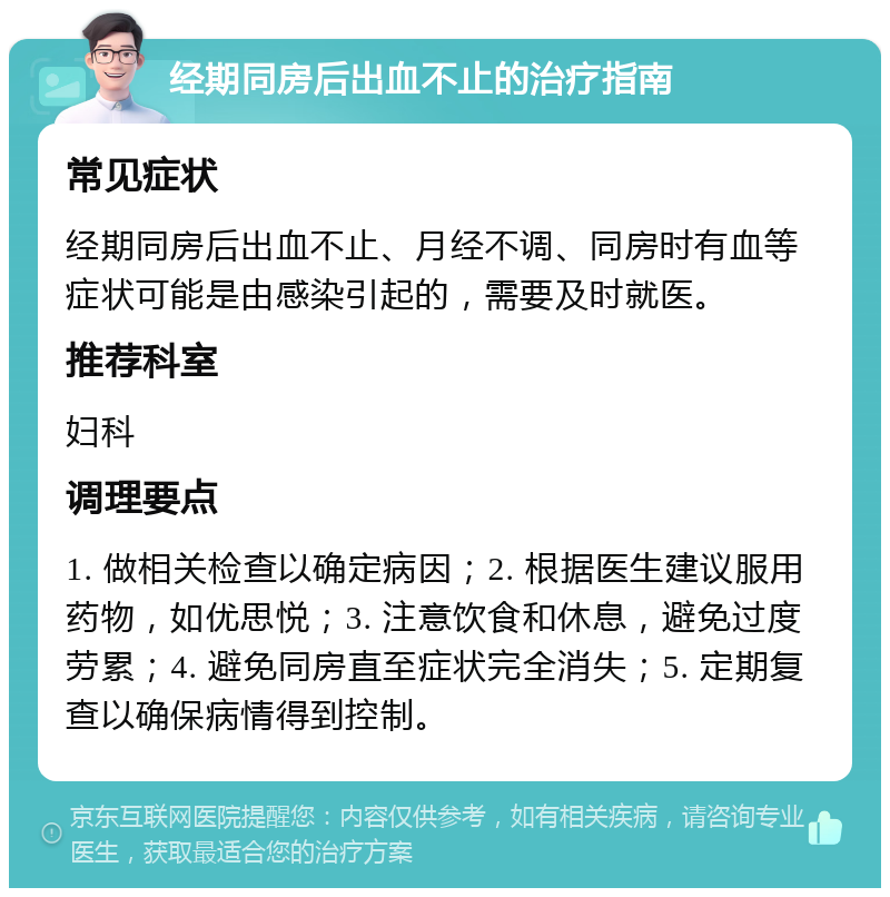 经期同房后出血不止的治疗指南 常见症状 经期同房后出血不止、月经不调、同房时有血等症状可能是由感染引起的，需要及时就医。 推荐科室 妇科 调理要点 1. 做相关检查以确定病因；2. 根据医生建议服用药物，如优思悦；3. 注意饮食和休息，避免过度劳累；4. 避免同房直至症状完全消失；5. 定期复查以确保病情得到控制。