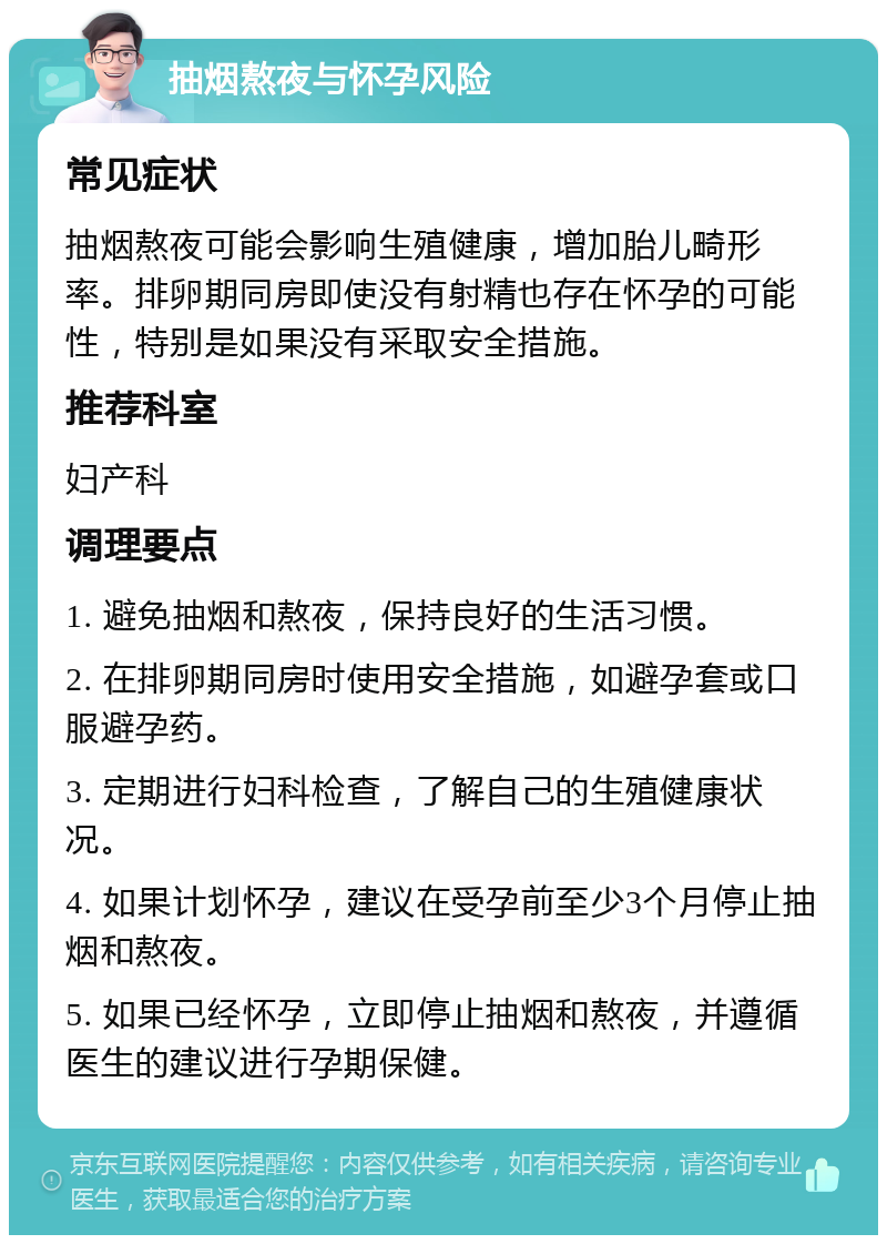 抽烟熬夜与怀孕风险 常见症状 抽烟熬夜可能会影响生殖健康，增加胎儿畸形率。排卵期同房即使没有射精也存在怀孕的可能性，特别是如果没有采取安全措施。 推荐科室 妇产科 调理要点 1. 避免抽烟和熬夜，保持良好的生活习惯。 2. 在排卵期同房时使用安全措施，如避孕套或口服避孕药。 3. 定期进行妇科检查，了解自己的生殖健康状况。 4. 如果计划怀孕，建议在受孕前至少3个月停止抽烟和熬夜。 5. 如果已经怀孕，立即停止抽烟和熬夜，并遵循医生的建议进行孕期保健。