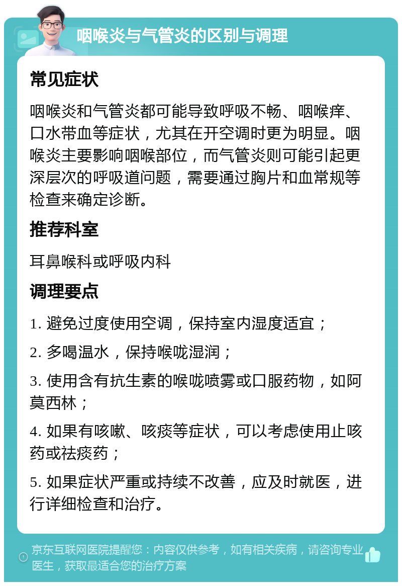 咽喉炎与气管炎的区别与调理 常见症状 咽喉炎和气管炎都可能导致呼吸不畅、咽喉痒、口水带血等症状，尤其在开空调时更为明显。咽喉炎主要影响咽喉部位，而气管炎则可能引起更深层次的呼吸道问题，需要通过胸片和血常规等检查来确定诊断。 推荐科室 耳鼻喉科或呼吸内科 调理要点 1. 避免过度使用空调，保持室内湿度适宜； 2. 多喝温水，保持喉咙湿润； 3. 使用含有抗生素的喉咙喷雾或口服药物，如阿莫西林； 4. 如果有咳嗽、咳痰等症状，可以考虑使用止咳药或祛痰药； 5. 如果症状严重或持续不改善，应及时就医，进行详细检查和治疗。