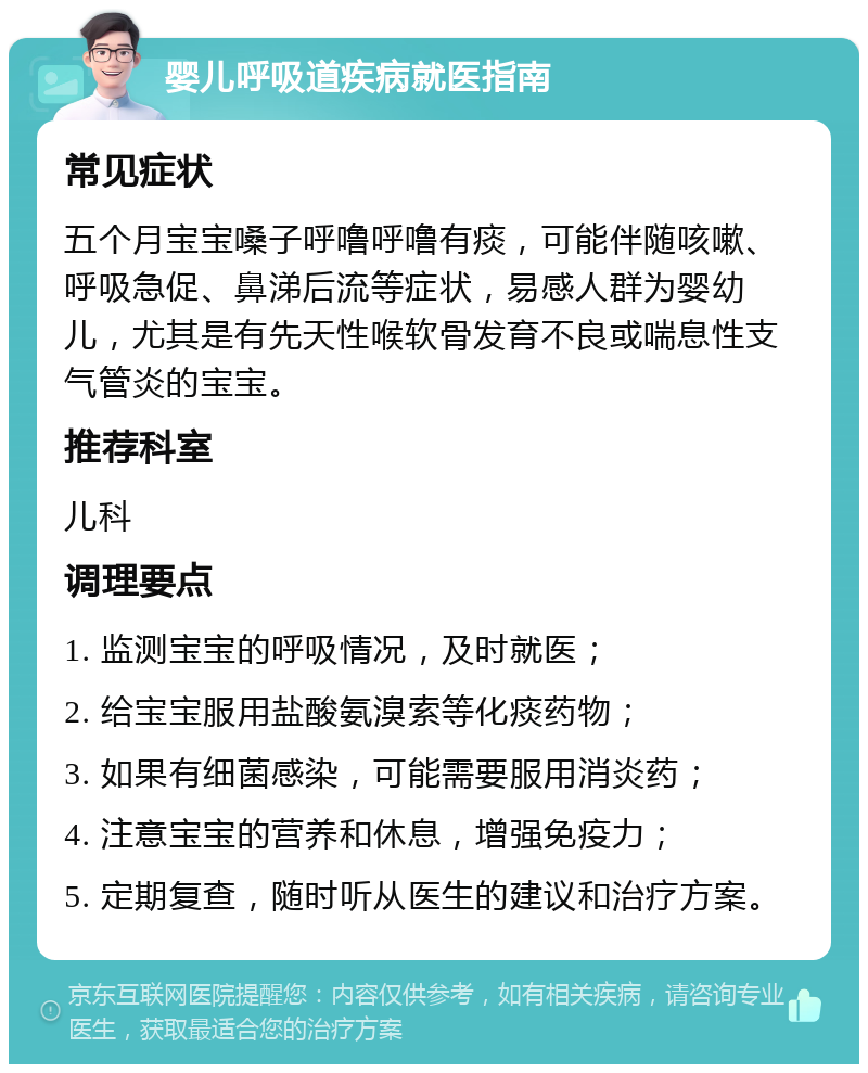 婴儿呼吸道疾病就医指南 常见症状 五个月宝宝嗓子呼噜呼噜有痰，可能伴随咳嗽、呼吸急促、鼻涕后流等症状，易感人群为婴幼儿，尤其是有先天性喉软骨发育不良或喘息性支气管炎的宝宝。 推荐科室 儿科 调理要点 1. 监测宝宝的呼吸情况，及时就医； 2. 给宝宝服用盐酸氨溴索等化痰药物； 3. 如果有细菌感染，可能需要服用消炎药； 4. 注意宝宝的营养和休息，增强免疫力； 5. 定期复查，随时听从医生的建议和治疗方案。