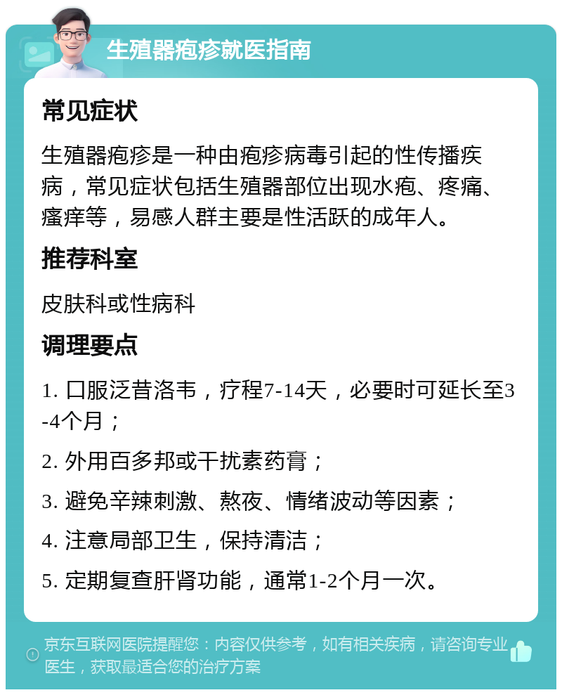 生殖器疱疹就医指南 常见症状 生殖器疱疹是一种由疱疹病毒引起的性传播疾病，常见症状包括生殖器部位出现水疱、疼痛、瘙痒等，易感人群主要是性活跃的成年人。 推荐科室 皮肤科或性病科 调理要点 1. 口服泛昔洛韦，疗程7-14天，必要时可延长至3-4个月； 2. 外用百多邦或干扰素药膏； 3. 避免辛辣刺激、熬夜、情绪波动等因素； 4. 注意局部卫生，保持清洁； 5. 定期复查肝肾功能，通常1-2个月一次。