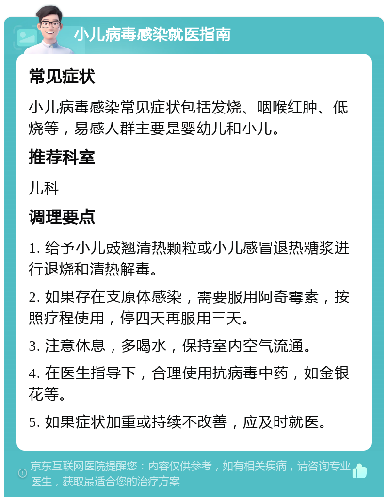 小儿病毒感染就医指南 常见症状 小儿病毒感染常见症状包括发烧、咽喉红肿、低烧等，易感人群主要是婴幼儿和小儿。 推荐科室 儿科 调理要点 1. 给予小儿豉翘清热颗粒或小儿感冒退热糖浆进行退烧和清热解毒。 2. 如果存在支原体感染，需要服用阿奇霉素，按照疗程使用，停四天再服用三天。 3. 注意休息，多喝水，保持室内空气流通。 4. 在医生指导下，合理使用抗病毒中药，如金银花等。 5. 如果症状加重或持续不改善，应及时就医。