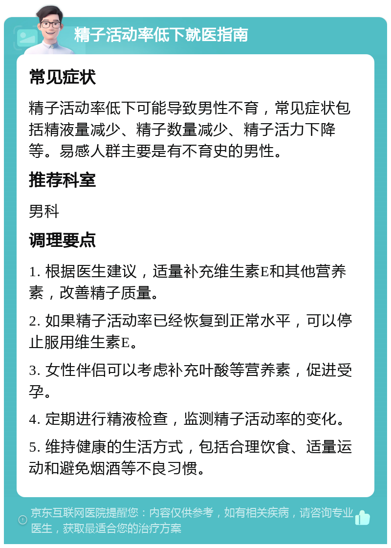 精子活动率低下就医指南 常见症状 精子活动率低下可能导致男性不育，常见症状包括精液量减少、精子数量减少、精子活力下降等。易感人群主要是有不育史的男性。 推荐科室 男科 调理要点 1. 根据医生建议，适量补充维生素E和其他营养素，改善精子质量。 2. 如果精子活动率已经恢复到正常水平，可以停止服用维生素E。 3. 女性伴侣可以考虑补充叶酸等营养素，促进受孕。 4. 定期进行精液检查，监测精子活动率的变化。 5. 维持健康的生活方式，包括合理饮食、适量运动和避免烟酒等不良习惯。