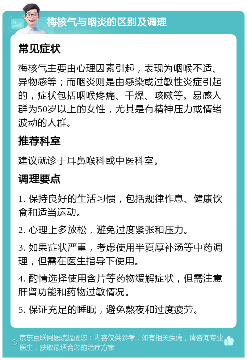 梅核气与咽炎的区别及调理 常见症状 梅核气主要由心理因素引起，表现为咽喉不适、异物感等；而咽炎则是由感染或过敏性炎症引起的，症状包括咽喉疼痛、干燥、咳嗽等。易感人群为50岁以上的女性，尤其是有精神压力或情绪波动的人群。 推荐科室 建议就诊于耳鼻喉科或中医科室。 调理要点 1. 保持良好的生活习惯，包括规律作息、健康饮食和适当运动。 2. 心理上多放松，避免过度紧张和压力。 3. 如果症状严重，考虑使用半夏厚补汤等中药调理，但需在医生指导下使用。 4. 酌情选择使用含片等药物缓解症状，但需注意肝肾功能和药物过敏情况。 5. 保证充足的睡眠，避免熬夜和过度疲劳。