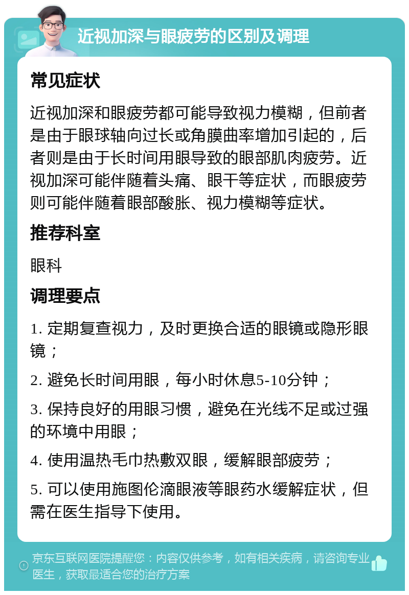 近视加深与眼疲劳的区别及调理 常见症状 近视加深和眼疲劳都可能导致视力模糊，但前者是由于眼球轴向过长或角膜曲率增加引起的，后者则是由于长时间用眼导致的眼部肌肉疲劳。近视加深可能伴随着头痛、眼干等症状，而眼疲劳则可能伴随着眼部酸胀、视力模糊等症状。 推荐科室 眼科 调理要点 1. 定期复查视力，及时更换合适的眼镜或隐形眼镜； 2. 避免长时间用眼，每小时休息5-10分钟； 3. 保持良好的用眼习惯，避免在光线不足或过强的环境中用眼； 4. 使用温热毛巾热敷双眼，缓解眼部疲劳； 5. 可以使用施图伦滴眼液等眼药水缓解症状，但需在医生指导下使用。