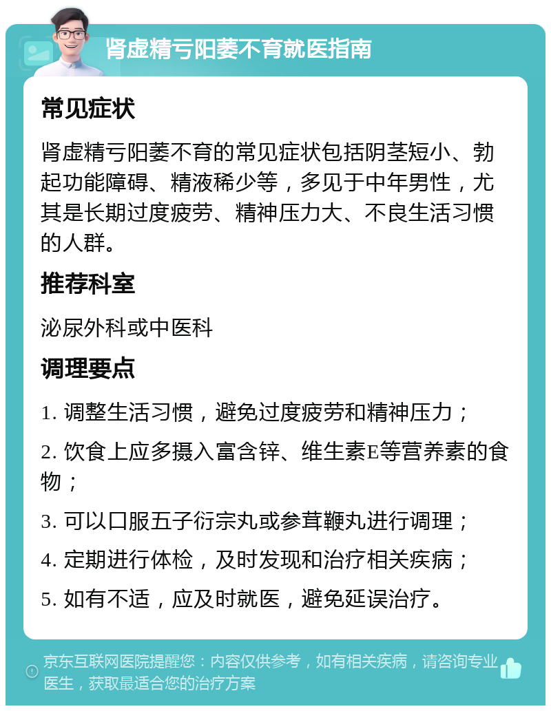 肾虚精亏阳萎不育就医指南 常见症状 肾虚精亏阳萎不育的常见症状包括阴茎短小、勃起功能障碍、精液稀少等，多见于中年男性，尤其是长期过度疲劳、精神压力大、不良生活习惯的人群。 推荐科室 泌尿外科或中医科 调理要点 1. 调整生活习惯，避免过度疲劳和精神压力； 2. 饮食上应多摄入富含锌、维生素E等营养素的食物； 3. 可以口服五子衍宗丸或参茸鞭丸进行调理； 4. 定期进行体检，及时发现和治疗相关疾病； 5. 如有不适，应及时就医，避免延误治疗。