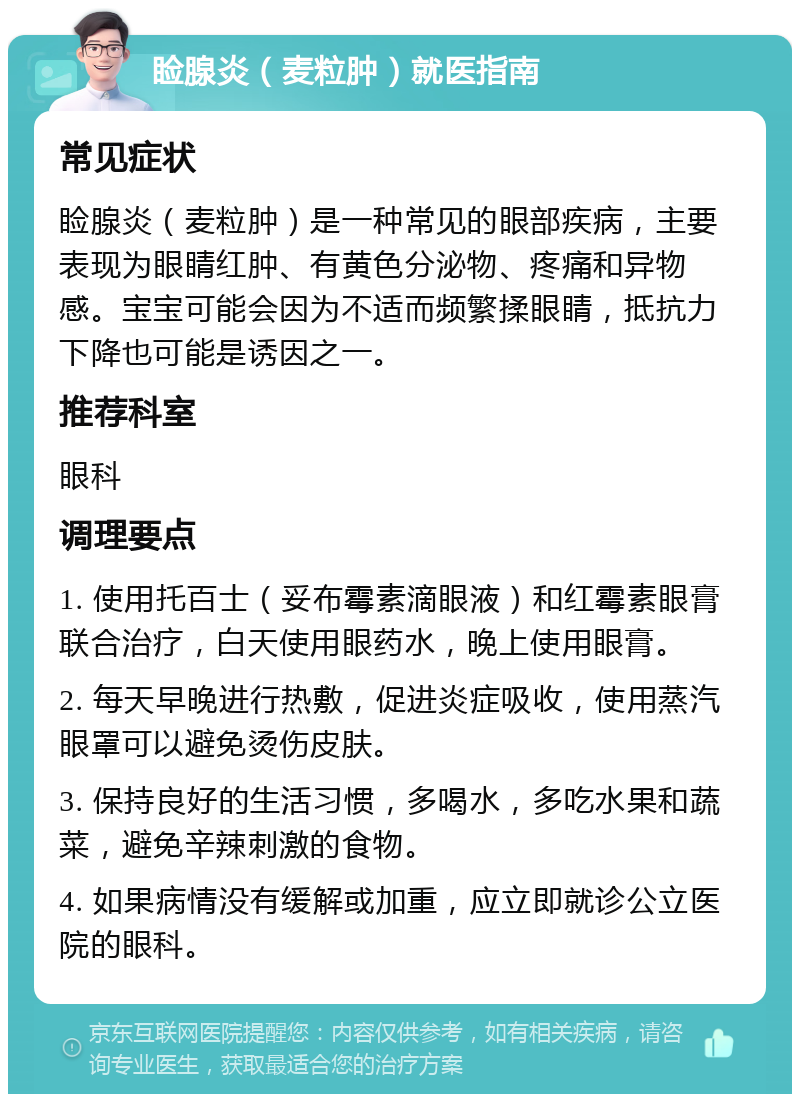 睑腺炎（麦粒肿）就医指南 常见症状 睑腺炎（麦粒肿）是一种常见的眼部疾病，主要表现为眼睛红肿、有黄色分泌物、疼痛和异物感。宝宝可能会因为不适而频繁揉眼睛，抵抗力下降也可能是诱因之一。 推荐科室 眼科 调理要点 1. 使用托百士（妥布霉素滴眼液）和红霉素眼膏联合治疗，白天使用眼药水，晚上使用眼膏。 2. 每天早晚进行热敷，促进炎症吸收，使用蒸汽眼罩可以避免烫伤皮肤。 3. 保持良好的生活习惯，多喝水，多吃水果和蔬菜，避免辛辣刺激的食物。 4. 如果病情没有缓解或加重，应立即就诊公立医院的眼科。