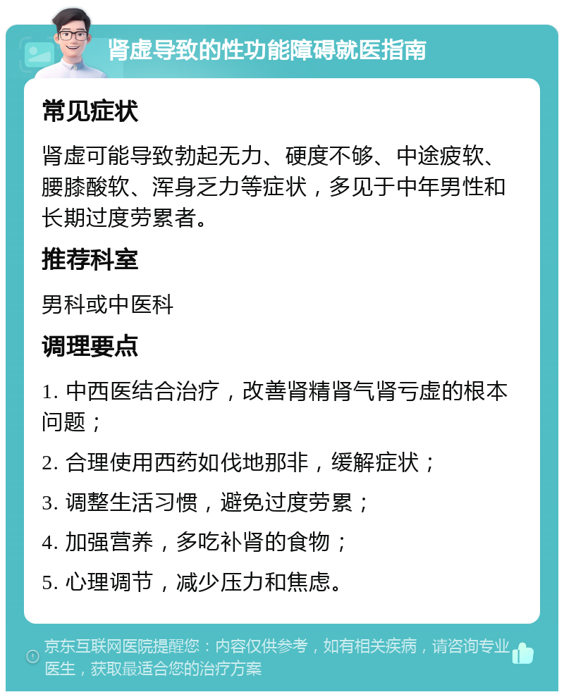 肾虚导致的性功能障碍就医指南 常见症状 肾虚可能导致勃起无力、硬度不够、中途疲软、腰膝酸软、浑身乏力等症状，多见于中年男性和长期过度劳累者。 推荐科室 男科或中医科 调理要点 1. 中西医结合治疗，改善肾精肾气肾亏虚的根本问题； 2. 合理使用西药如伐地那非，缓解症状； 3. 调整生活习惯，避免过度劳累； 4. 加强营养，多吃补肾的食物； 5. 心理调节，减少压力和焦虑。