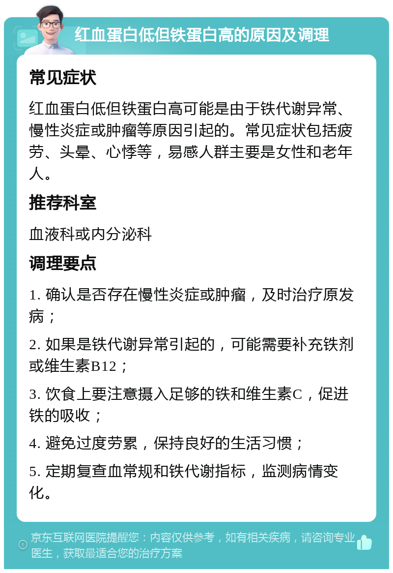 红血蛋白低但铁蛋白高的原因及调理 常见症状 红血蛋白低但铁蛋白高可能是由于铁代谢异常、慢性炎症或肿瘤等原因引起的。常见症状包括疲劳、头晕、心悸等，易感人群主要是女性和老年人。 推荐科室 血液科或内分泌科 调理要点 1. 确认是否存在慢性炎症或肿瘤，及时治疗原发病； 2. 如果是铁代谢异常引起的，可能需要补充铁剂或维生素B12； 3. 饮食上要注意摄入足够的铁和维生素C，促进铁的吸收； 4. 避免过度劳累，保持良好的生活习惯； 5. 定期复查血常规和铁代谢指标，监测病情变化。