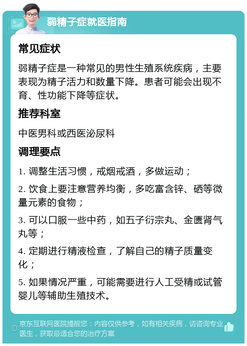 弱精子症就医指南 常见症状 弱精子症是一种常见的男性生殖系统疾病，主要表现为精子活力和数量下降。患者可能会出现不育、性功能下降等症状。 推荐科室 中医男科或西医泌尿科 调理要点 1. 调整生活习惯，戒烟戒酒，多做运动； 2. 饮食上要注意营养均衡，多吃富含锌、硒等微量元素的食物； 3. 可以口服一些中药，如五子衍宗丸、金匮肾气丸等； 4. 定期进行精液检查，了解自己的精子质量变化； 5. 如果情况严重，可能需要进行人工受精或试管婴儿等辅助生殖技术。