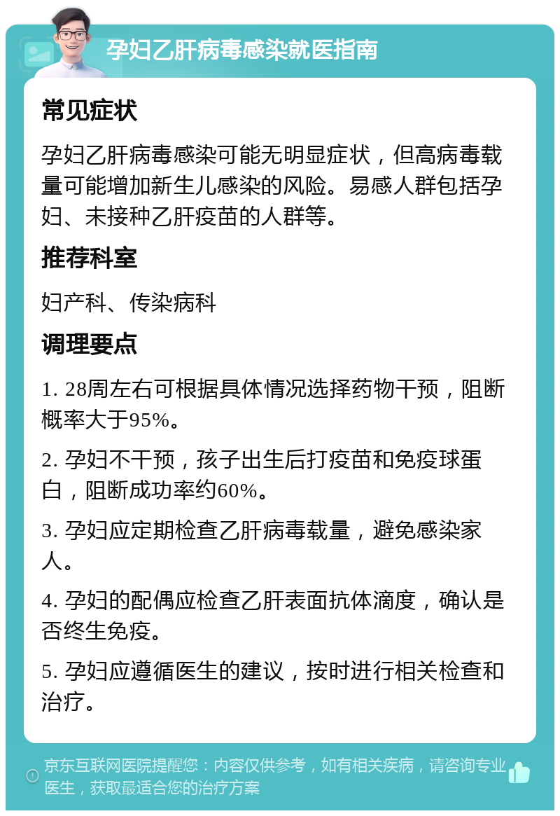 孕妇乙肝病毒感染就医指南 常见症状 孕妇乙肝病毒感染可能无明显症状，但高病毒载量可能增加新生儿感染的风险。易感人群包括孕妇、未接种乙肝疫苗的人群等。 推荐科室 妇产科、传染病科 调理要点 1. 28周左右可根据具体情况选择药物干预，阻断概率大于95%。 2. 孕妇不干预，孩子出生后打疫苗和免疫球蛋白，阻断成功率约60%。 3. 孕妇应定期检查乙肝病毒载量，避免感染家人。 4. 孕妇的配偶应检查乙肝表面抗体滴度，确认是否终生免疫。 5. 孕妇应遵循医生的建议，按时进行相关检查和治疗。