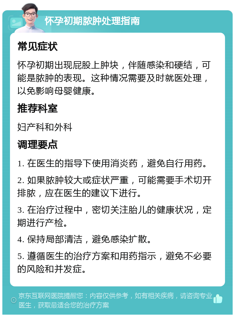 怀孕初期脓肿处理指南 常见症状 怀孕初期出现屁股上肿块，伴随感染和硬结，可能是脓肿的表现。这种情况需要及时就医处理，以免影响母婴健康。 推荐科室 妇产科和外科 调理要点 1. 在医生的指导下使用消炎药，避免自行用药。 2. 如果脓肿较大或症状严重，可能需要手术切开排脓，应在医生的建议下进行。 3. 在治疗过程中，密切关注胎儿的健康状况，定期进行产检。 4. 保持局部清洁，避免感染扩散。 5. 遵循医生的治疗方案和用药指示，避免不必要的风险和并发症。