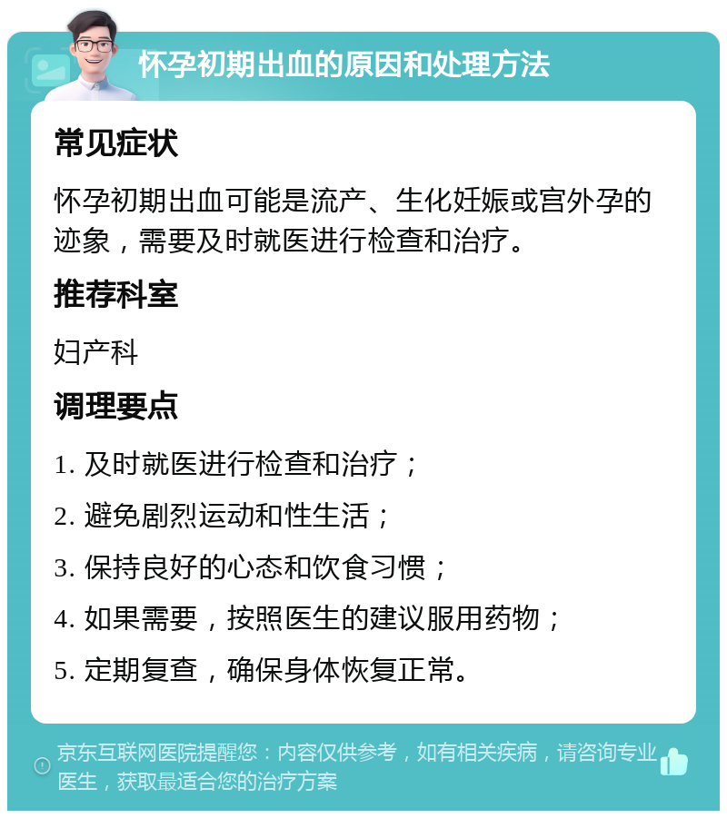 怀孕初期出血的原因和处理方法 常见症状 怀孕初期出血可能是流产、生化妊娠或宫外孕的迹象，需要及时就医进行检查和治疗。 推荐科室 妇产科 调理要点 1. 及时就医进行检查和治疗； 2. 避免剧烈运动和性生活； 3. 保持良好的心态和饮食习惯； 4. 如果需要，按照医生的建议服用药物； 5. 定期复查，确保身体恢复正常。