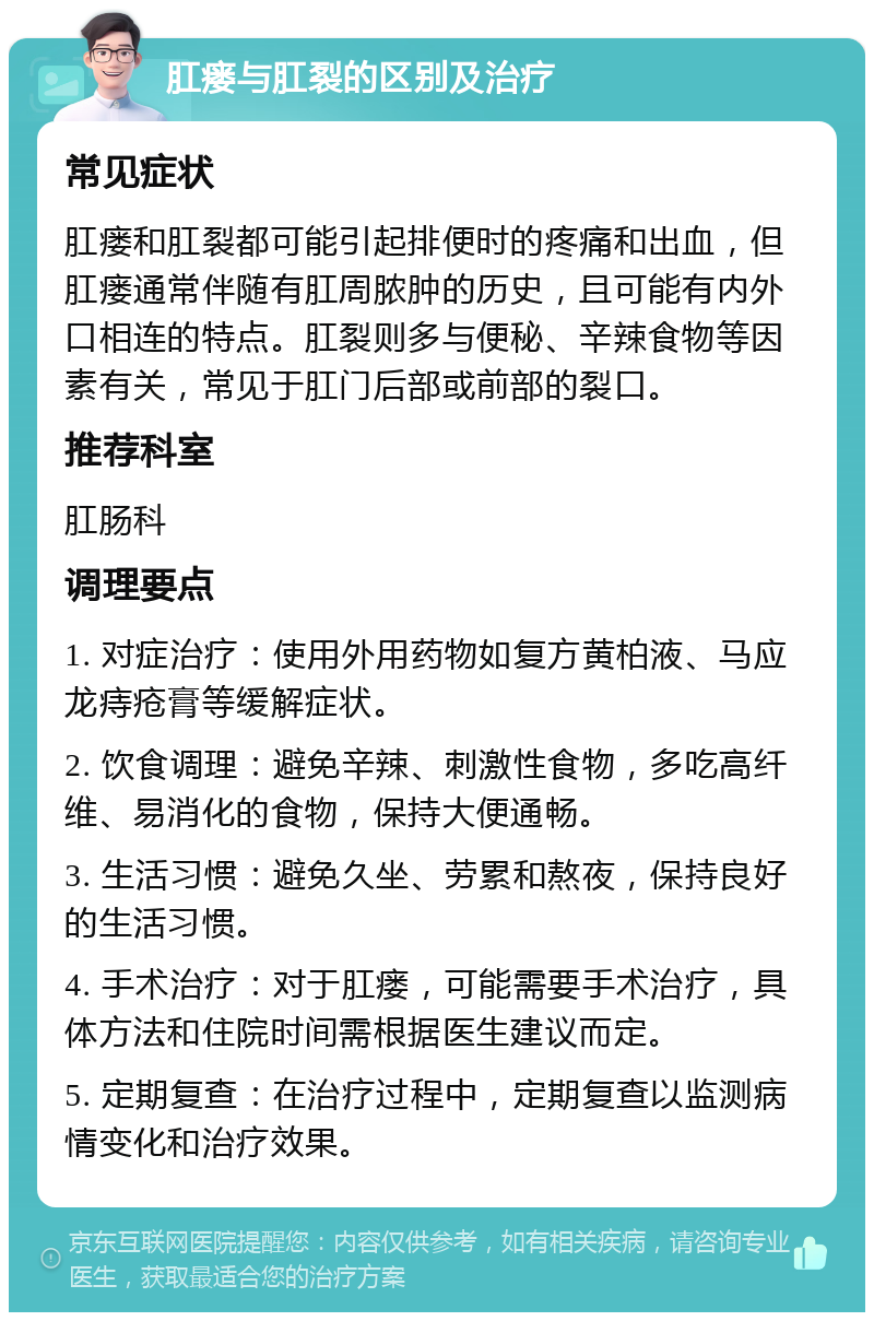 肛瘘与肛裂的区别及治疗 常见症状 肛瘘和肛裂都可能引起排便时的疼痛和出血，但肛瘘通常伴随有肛周脓肿的历史，且可能有内外口相连的特点。肛裂则多与便秘、辛辣食物等因素有关，常见于肛门后部或前部的裂口。 推荐科室 肛肠科 调理要点 1. 对症治疗：使用外用药物如复方黄柏液、马应龙痔疮膏等缓解症状。 2. 饮食调理：避免辛辣、刺激性食物，多吃高纤维、易消化的食物，保持大便通畅。 3. 生活习惯：避免久坐、劳累和熬夜，保持良好的生活习惯。 4. 手术治疗：对于肛瘘，可能需要手术治疗，具体方法和住院时间需根据医生建议而定。 5. 定期复查：在治疗过程中，定期复查以监测病情变化和治疗效果。