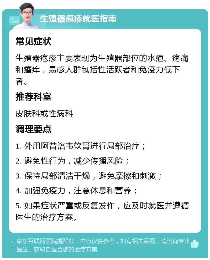 生殖器疱疹就医指南 常见症状 生殖器疱疹主要表现为生殖器部位的水疱、疼痛和瘙痒，易感人群包括性活跃者和免疫力低下者。 推荐科室 皮肤科或性病科 调理要点 1. 外用阿昔洛韦软膏进行局部治疗； 2. 避免性行为，减少传播风险； 3. 保持局部清洁干燥，避免摩擦和刺激； 4. 加强免疫力，注意休息和营养； 5. 如果症状严重或反复发作，应及时就医并遵循医生的治疗方案。