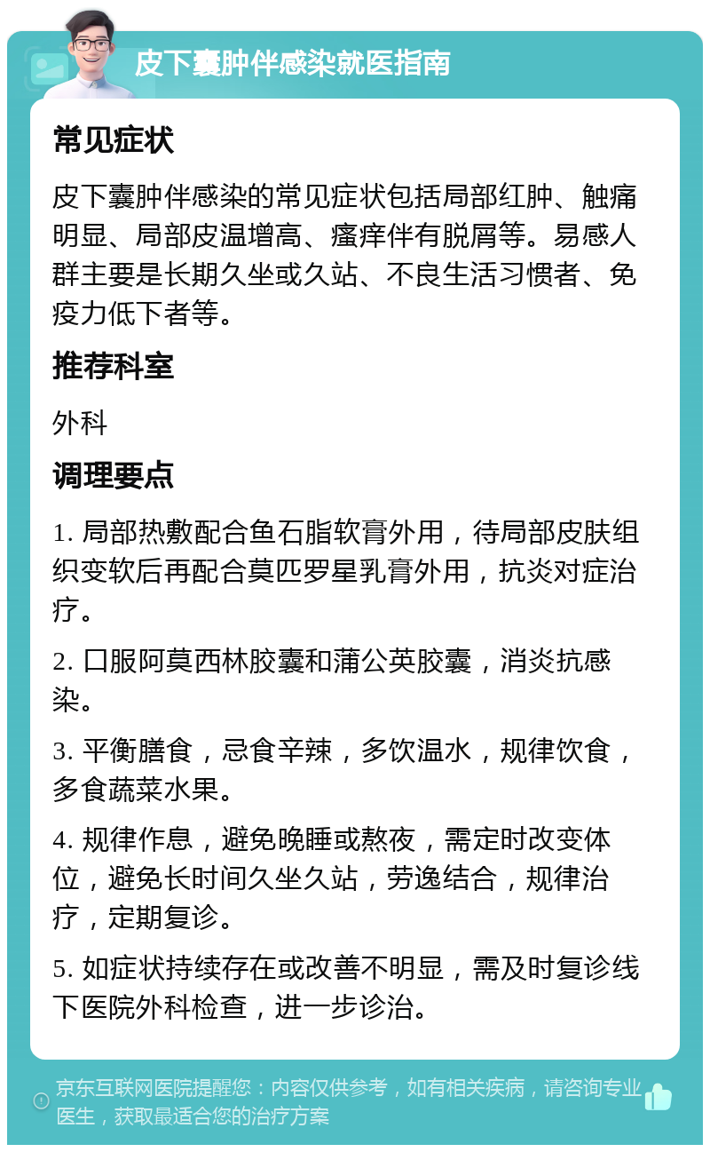 皮下囊肿伴感染就医指南 常见症状 皮下囊肿伴感染的常见症状包括局部红肿、触痛明显、局部皮温增高、瘙痒伴有脱屑等。易感人群主要是长期久坐或久站、不良生活习惯者、免疫力低下者等。 推荐科室 外科 调理要点 1. 局部热敷配合鱼石脂软膏外用，待局部皮肤组织变软后再配合莫匹罗星乳膏外用，抗炎对症治疗。 2. 口服阿莫西林胶囊和蒲公英胶囊，消炎抗感染。 3. 平衡膳食，忌食辛辣，多饮温水，规律饮食，多食蔬菜水果。 4. 规律作息，避免晚睡或熬夜，需定时改变体位，避免长时间久坐久站，劳逸结合，规律治疗，定期复诊。 5. 如症状持续存在或改善不明显，需及时复诊线下医院外科检查，进一步诊治。