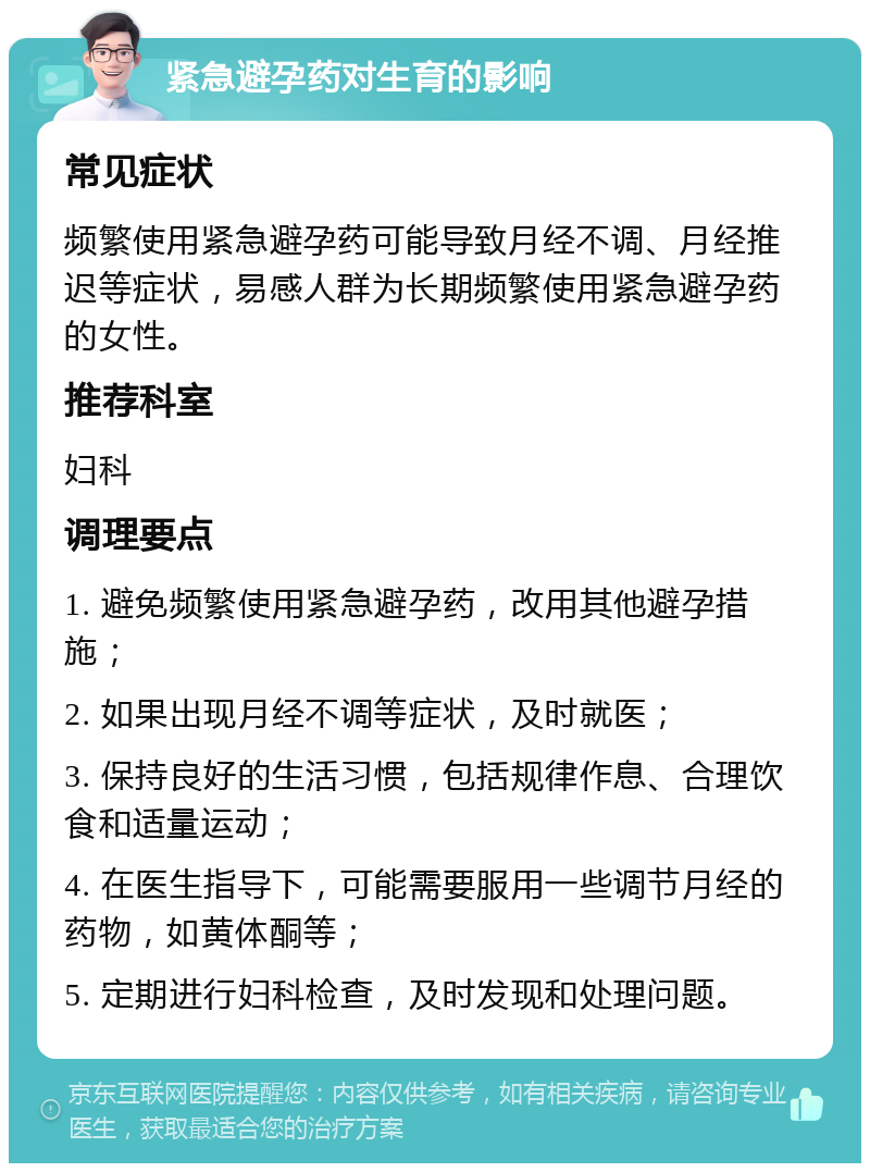 紧急避孕药对生育的影响 常见症状 频繁使用紧急避孕药可能导致月经不调、月经推迟等症状，易感人群为长期频繁使用紧急避孕药的女性。 推荐科室 妇科 调理要点 1. 避免频繁使用紧急避孕药，改用其他避孕措施； 2. 如果出现月经不调等症状，及时就医； 3. 保持良好的生活习惯，包括规律作息、合理饮食和适量运动； 4. 在医生指导下，可能需要服用一些调节月经的药物，如黄体酮等； 5. 定期进行妇科检查，及时发现和处理问题。