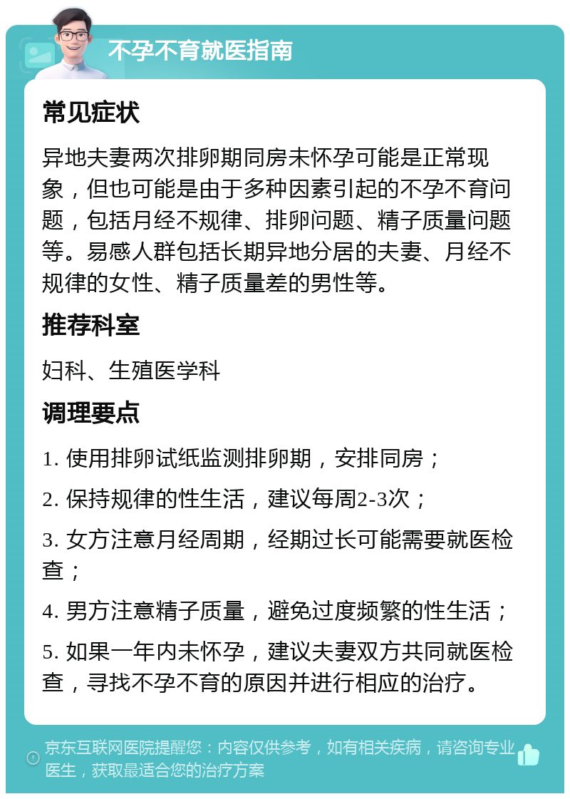 不孕不育就医指南 常见症状 异地夫妻两次排卵期同房未怀孕可能是正常现象，但也可能是由于多种因素引起的不孕不育问题，包括月经不规律、排卵问题、精子质量问题等。易感人群包括长期异地分居的夫妻、月经不规律的女性、精子质量差的男性等。 推荐科室 妇科、生殖医学科 调理要点 1. 使用排卵试纸监测排卵期，安排同房； 2. 保持规律的性生活，建议每周2-3次； 3. 女方注意月经周期，经期过长可能需要就医检查； 4. 男方注意精子质量，避免过度频繁的性生活； 5. 如果一年内未怀孕，建议夫妻双方共同就医检查，寻找不孕不育的原因并进行相应的治疗。