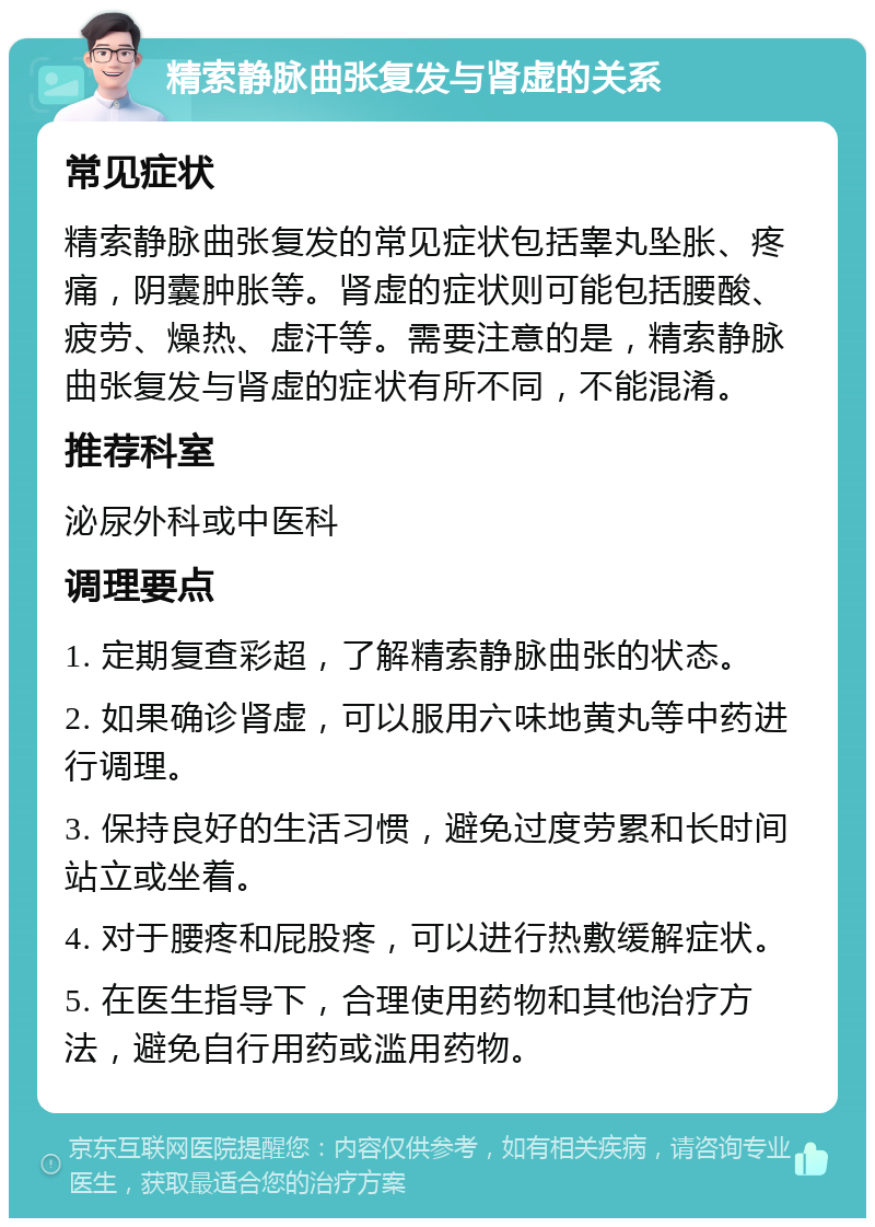 精索静脉曲张复发与肾虚的关系 常见症状 精索静脉曲张复发的常见症状包括睾丸坠胀、疼痛，阴囊肿胀等。肾虚的症状则可能包括腰酸、疲劳、燥热、虚汗等。需要注意的是，精索静脉曲张复发与肾虚的症状有所不同，不能混淆。 推荐科室 泌尿外科或中医科 调理要点 1. 定期复查彩超，了解精索静脉曲张的状态。 2. 如果确诊肾虚，可以服用六味地黄丸等中药进行调理。 3. 保持良好的生活习惯，避免过度劳累和长时间站立或坐着。 4. 对于腰疼和屁股疼，可以进行热敷缓解症状。 5. 在医生指导下，合理使用药物和其他治疗方法，避免自行用药或滥用药物。