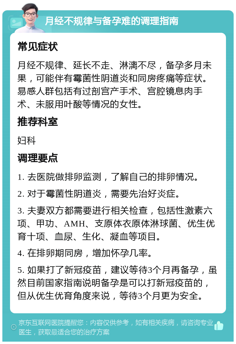 月经不规律与备孕难的调理指南 常见症状 月经不规律、延长不走、淋漓不尽，备孕多月未果，可能伴有霉菌性阴道炎和同房疼痛等症状。易感人群包括有过剖宫产手术、宫腔镜息肉手术、未服用叶酸等情况的女性。 推荐科室 妇科 调理要点 1. 去医院做排卵监测，了解自己的排卵情况。 2. 对于霉菌性阴道炎，需要先治好炎症。 3. 夫妻双方都需要进行相关检查，包括性激素六项、甲功、AMH、支原体衣原体淋球菌、优生优育十项、血尿、生化、凝血等项目。 4. 在排卵期同房，增加怀孕几率。 5. 如果打了新冠疫苗，建议等待3个月再备孕，虽然目前国家指南说明备孕是可以打新冠疫苗的，但从优生优育角度来说，等待3个月更为安全。