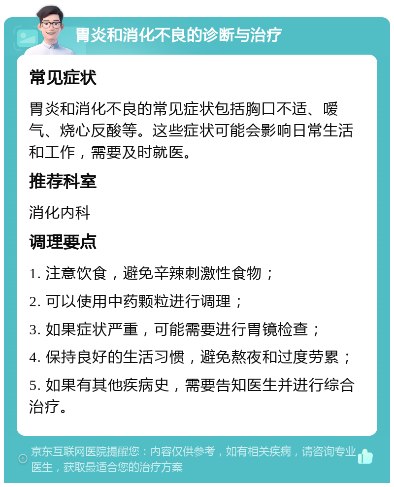 胃炎和消化不良的诊断与治疗 常见症状 胃炎和消化不良的常见症状包括胸口不适、嗳气、烧心反酸等。这些症状可能会影响日常生活和工作，需要及时就医。 推荐科室 消化内科 调理要点 1. 注意饮食，避免辛辣刺激性食物； 2. 可以使用中药颗粒进行调理； 3. 如果症状严重，可能需要进行胃镜检查； 4. 保持良好的生活习惯，避免熬夜和过度劳累； 5. 如果有其他疾病史，需要告知医生并进行综合治疗。