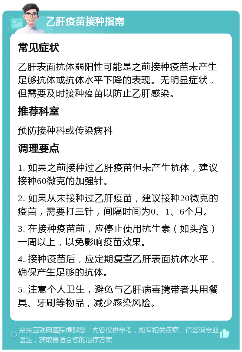 乙肝疫苗接种指南 常见症状 乙肝表面抗体弱阳性可能是之前接种疫苗未产生足够抗体或抗体水平下降的表现。无明显症状，但需要及时接种疫苗以防止乙肝感染。 推荐科室 预防接种科或传染病科 调理要点 1. 如果之前接种过乙肝疫苗但未产生抗体，建议接种60微克的加强针。 2. 如果从未接种过乙肝疫苗，建议接种20微克的疫苗，需要打三针，间隔时间为0、1、6个月。 3. 在接种疫苗前，应停止使用抗生素（如头孢）一周以上，以免影响疫苗效果。 4. 接种疫苗后，应定期复查乙肝表面抗体水平，确保产生足够的抗体。 5. 注意个人卫生，避免与乙肝病毒携带者共用餐具、牙刷等物品，减少感染风险。