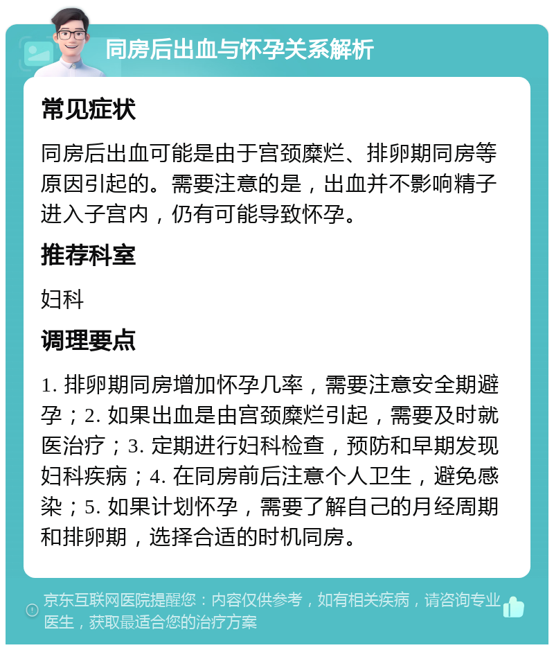 同房后出血与怀孕关系解析 常见症状 同房后出血可能是由于宫颈糜烂、排卵期同房等原因引起的。需要注意的是，出血并不影响精子进入子宫内，仍有可能导致怀孕。 推荐科室 妇科 调理要点 1. 排卵期同房增加怀孕几率，需要注意安全期避孕；2. 如果出血是由宫颈糜烂引起，需要及时就医治疗；3. 定期进行妇科检查，预防和早期发现妇科疾病；4. 在同房前后注意个人卫生，避免感染；5. 如果计划怀孕，需要了解自己的月经周期和排卵期，选择合适的时机同房。