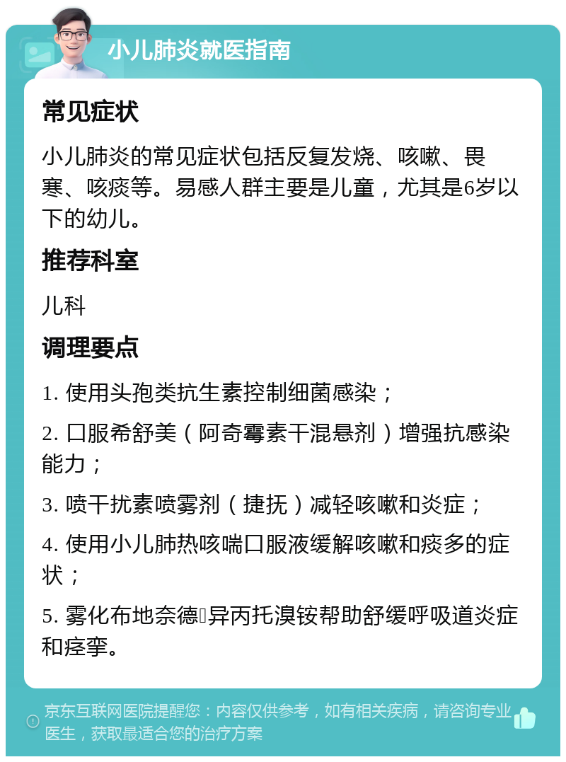 小儿肺炎就医指南 常见症状 小儿肺炎的常见症状包括反复发烧、咳嗽、畏寒、咳痰等。易感人群主要是儿童，尤其是6岁以下的幼儿。 推荐科室 儿科 调理要点 1. 使用头孢类抗生素控制细菌感染； 2. 口服希舒美（阿奇霉素干混悬剂）增强抗感染能力； 3. 喷干扰素喷雾剂（捷抚）减轻咳嗽和炎症； 4. 使用小儿肺热咳喘口服液缓解咳嗽和痰多的症状； 5. 雾化布地奈德➕异丙托溴铵帮助舒缓呼吸道炎症和痉挛。