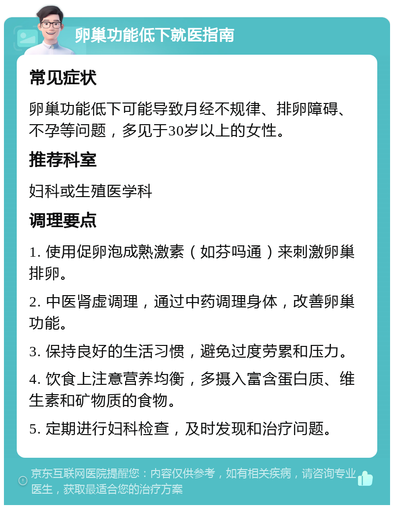 卵巢功能低下就医指南 常见症状 卵巢功能低下可能导致月经不规律、排卵障碍、不孕等问题，多见于30岁以上的女性。 推荐科室 妇科或生殖医学科 调理要点 1. 使用促卵泡成熟激素（如芬吗通）来刺激卵巢排卵。 2. 中医肾虚调理，通过中药调理身体，改善卵巢功能。 3. 保持良好的生活习惯，避免过度劳累和压力。 4. 饮食上注意营养均衡，多摄入富含蛋白质、维生素和矿物质的食物。 5. 定期进行妇科检查，及时发现和治疗问题。