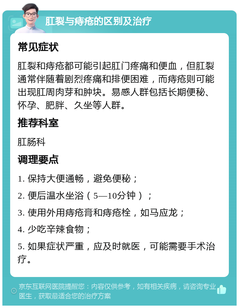 肛裂与痔疮的区别及治疗 常见症状 肛裂和痔疮都可能引起肛门疼痛和便血，但肛裂通常伴随着剧烈疼痛和排便困难，而痔疮则可能出现肛周肉芽和肿块。易感人群包括长期便秘、怀孕、肥胖、久坐等人群。 推荐科室 肛肠科 调理要点 1. 保持大便通畅，避免便秘； 2. 便后温水坐浴（5—10分钟）； 3. 使用外用痔疮膏和痔疮栓，如马应龙； 4. 少吃辛辣食物； 5. 如果症状严重，应及时就医，可能需要手术治疗。