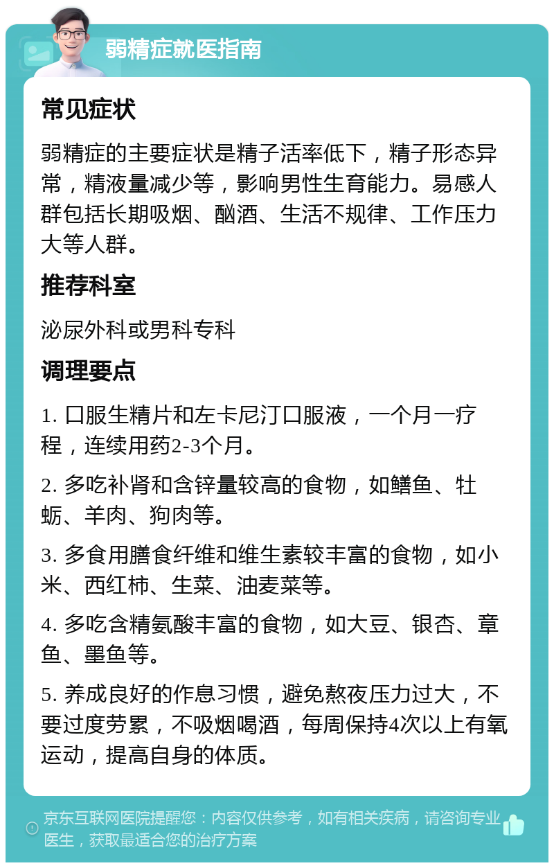 弱精症就医指南 常见症状 弱精症的主要症状是精子活率低下，精子形态异常，精液量减少等，影响男性生育能力。易感人群包括长期吸烟、酗酒、生活不规律、工作压力大等人群。 推荐科室 泌尿外科或男科专科 调理要点 1. 口服生精片和左卡尼汀口服液，一个月一疗程，连续用药2-3个月。 2. 多吃补肾和含锌量较高的食物，如鳝鱼、牡蛎、羊肉、狗肉等。 3. 多食用膳食纤维和维生素较丰富的食物，如小米、西红柿、生菜、油麦菜等。 4. 多吃含精氨酸丰富的食物，如大豆、银杏、章鱼、墨鱼等。 5. 养成良好的作息习惯，避免熬夜压力过大，不要过度劳累，不吸烟喝酒，每周保持4次以上有氧运动，提高自身的体质。