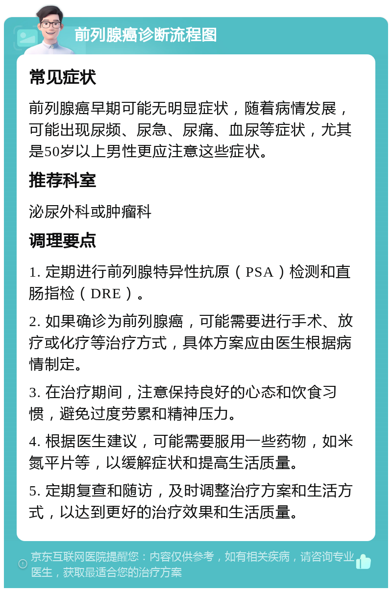 前列腺癌诊断流程图 常见症状 前列腺癌早期可能无明显症状，随着病情发展，可能出现尿频、尿急、尿痛、血尿等症状，尤其是50岁以上男性更应注意这些症状。 推荐科室 泌尿外科或肿瘤科 调理要点 1. 定期进行前列腺特异性抗原（PSA）检测和直肠指检（DRE）。 2. 如果确诊为前列腺癌，可能需要进行手术、放疗或化疗等治疗方式，具体方案应由医生根据病情制定。 3. 在治疗期间，注意保持良好的心态和饮食习惯，避免过度劳累和精神压力。 4. 根据医生建议，可能需要服用一些药物，如米氮平片等，以缓解症状和提高生活质量。 5. 定期复查和随访，及时调整治疗方案和生活方式，以达到更好的治疗效果和生活质量。