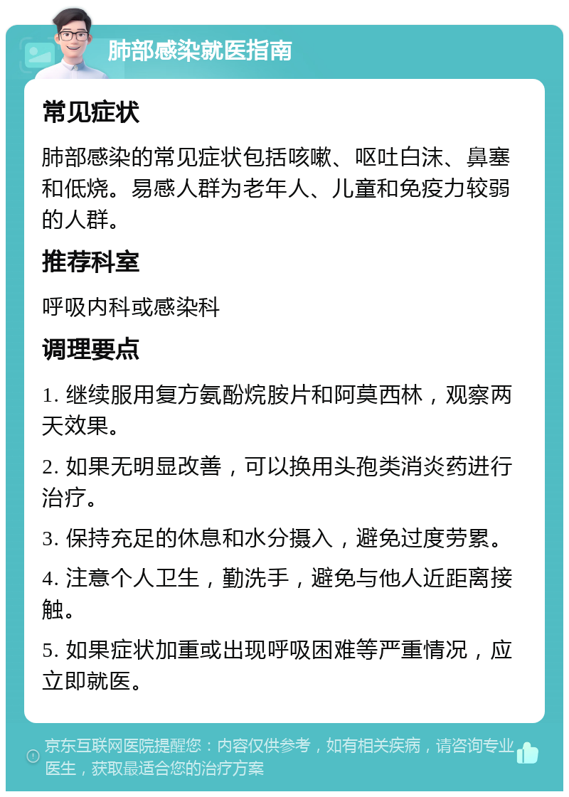 肺部感染就医指南 常见症状 肺部感染的常见症状包括咳嗽、呕吐白沫、鼻塞和低烧。易感人群为老年人、儿童和免疫力较弱的人群。 推荐科室 呼吸内科或感染科 调理要点 1. 继续服用复方氨酚烷胺片和阿莫西林，观察两天效果。 2. 如果无明显改善，可以换用头孢类消炎药进行治疗。 3. 保持充足的休息和水分摄入，避免过度劳累。 4. 注意个人卫生，勤洗手，避免与他人近距离接触。 5. 如果症状加重或出现呼吸困难等严重情况，应立即就医。