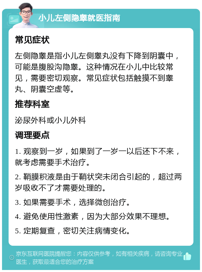 小儿左侧隐睾就医指南 常见症状 左侧隐睾是指小儿左侧睾丸没有下降到阴囊中，可能是腹股沟隐睾。这种情况在小儿中比较常见，需要密切观察。常见症状包括触摸不到睾丸、阴囊空虚等。 推荐科室 泌尿外科或小儿外科 调理要点 1. 观察到一岁，如果到了一岁一以后还下不来，就考虑需要手术治疗。 2. 鞘膜积液是由于鞘状突未闭合引起的，超过两岁吸收不了才需要处理的。 3. 如果需要手术，选择微创治疗。 4. 避免使用性激素，因为大部分效果不理想。 5. 定期复查，密切关注病情变化。