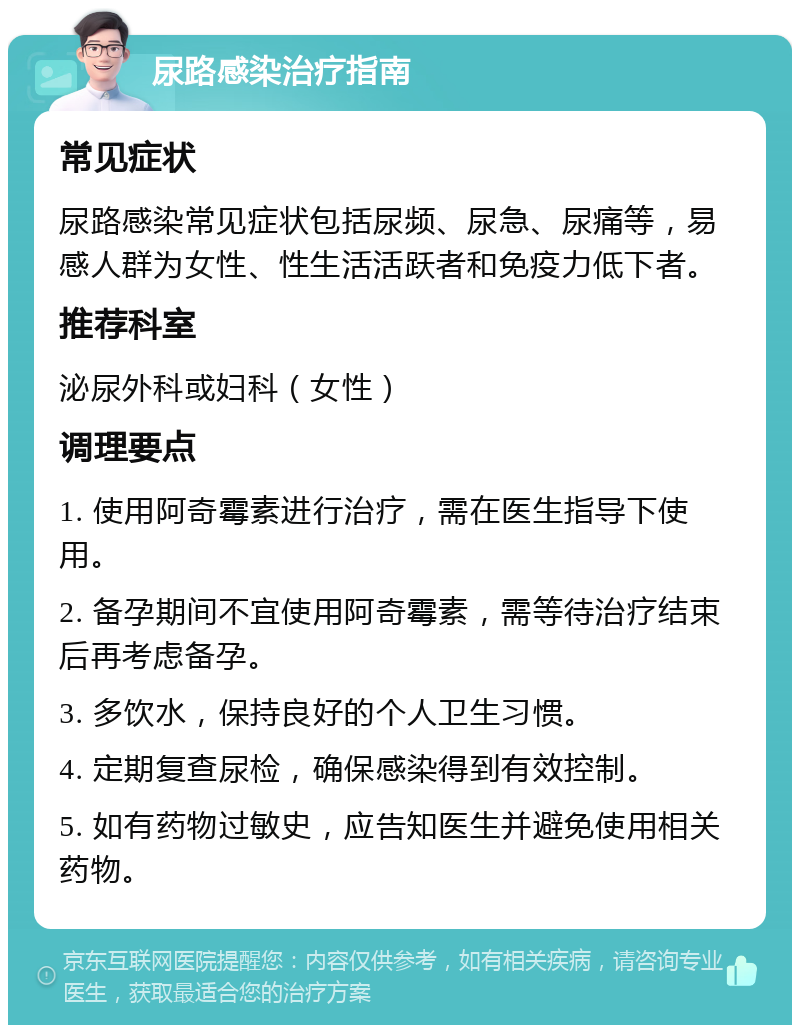 尿路感染治疗指南 常见症状 尿路感染常见症状包括尿频、尿急、尿痛等，易感人群为女性、性生活活跃者和免疫力低下者。 推荐科室 泌尿外科或妇科（女性） 调理要点 1. 使用阿奇霉素进行治疗，需在医生指导下使用。 2. 备孕期间不宜使用阿奇霉素，需等待治疗结束后再考虑备孕。 3. 多饮水，保持良好的个人卫生习惯。 4. 定期复查尿检，确保感染得到有效控制。 5. 如有药物过敏史，应告知医生并避免使用相关药物。