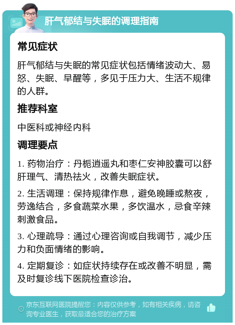 肝气郁结与失眠的调理指南 常见症状 肝气郁结与失眠的常见症状包括情绪波动大、易怒、失眠、早醒等，多见于压力大、生活不规律的人群。 推荐科室 中医科或神经内科 调理要点 1. 药物治疗：丹栀逍遥丸和枣仁安神胶囊可以舒肝理气、清热祛火，改善失眠症状。 2. 生活调理：保持规律作息，避免晚睡或熬夜，劳逸结合，多食蔬菜水果，多饮温水，忌食辛辣刺激食品。 3. 心理疏导：通过心理咨询或自我调节，减少压力和负面情绪的影响。 4. 定期复诊：如症状持续存在或改善不明显，需及时复诊线下医院检查诊治。