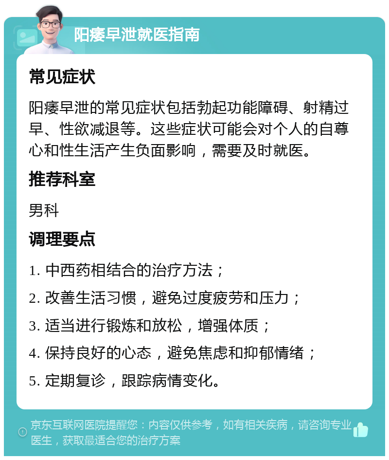 阳痿早泄就医指南 常见症状 阳痿早泄的常见症状包括勃起功能障碍、射精过早、性欲减退等。这些症状可能会对个人的自尊心和性生活产生负面影响，需要及时就医。 推荐科室 男科 调理要点 1. 中西药相结合的治疗方法； 2. 改善生活习惯，避免过度疲劳和压力； 3. 适当进行锻炼和放松，增强体质； 4. 保持良好的心态，避免焦虑和抑郁情绪； 5. 定期复诊，跟踪病情变化。