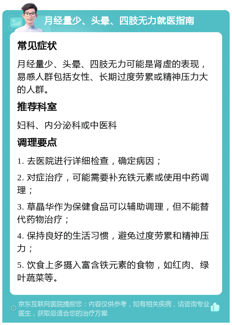 月经量少、头晕、四肢无力就医指南 常见症状 月经量少、头晕、四肢无力可能是肾虚的表现，易感人群包括女性、长期过度劳累或精神压力大的人群。 推荐科室 妇科、内分泌科或中医科 调理要点 1. 去医院进行详细检查，确定病因； 2. 对症治疗，可能需要补充铁元素或使用中药调理； 3. 草晶华作为保健食品可以辅助调理，但不能替代药物治疗； 4. 保持良好的生活习惯，避免过度劳累和精神压力； 5. 饮食上多摄入富含铁元素的食物，如红肉、绿叶蔬菜等。