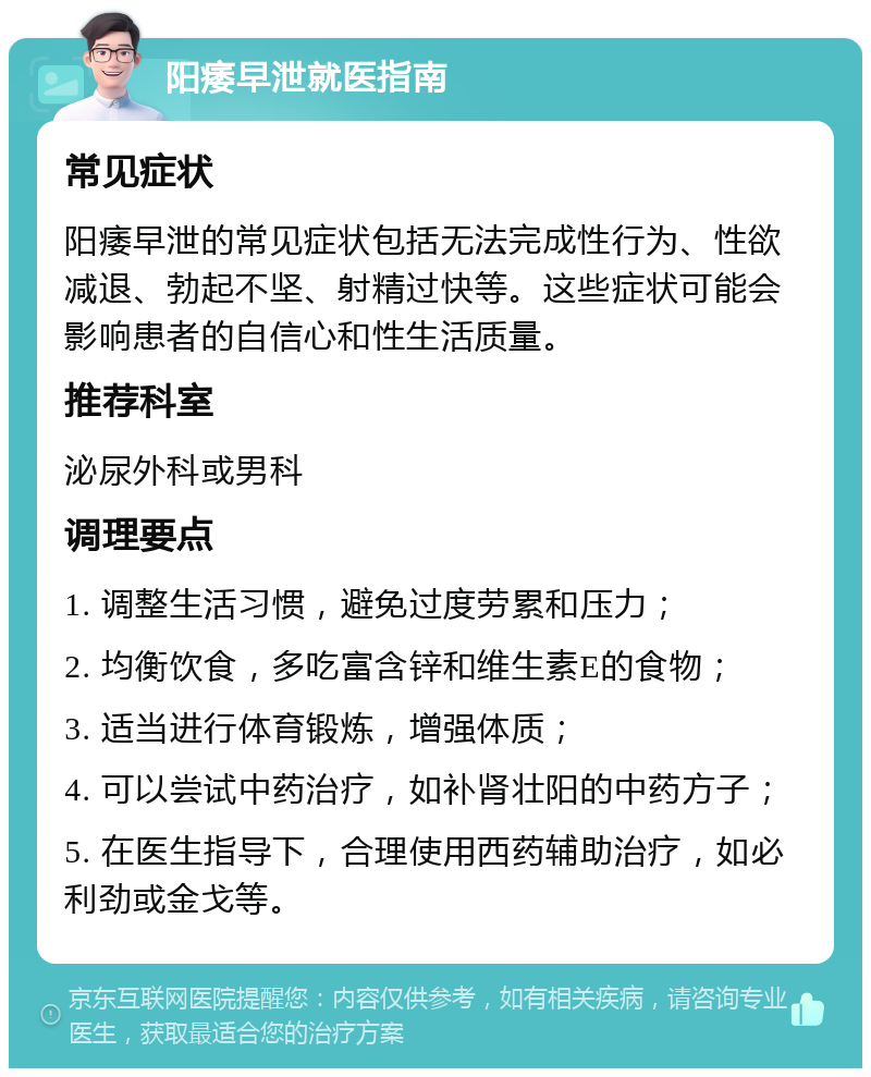 阳痿早泄就医指南 常见症状 阳痿早泄的常见症状包括无法完成性行为、性欲减退、勃起不坚、射精过快等。这些症状可能会影响患者的自信心和性生活质量。 推荐科室 泌尿外科或男科 调理要点 1. 调整生活习惯，避免过度劳累和压力； 2. 均衡饮食，多吃富含锌和维生素E的食物； 3. 适当进行体育锻炼，增强体质； 4. 可以尝试中药治疗，如补肾壮阳的中药方子； 5. 在医生指导下，合理使用西药辅助治疗，如必利劲或金戈等。