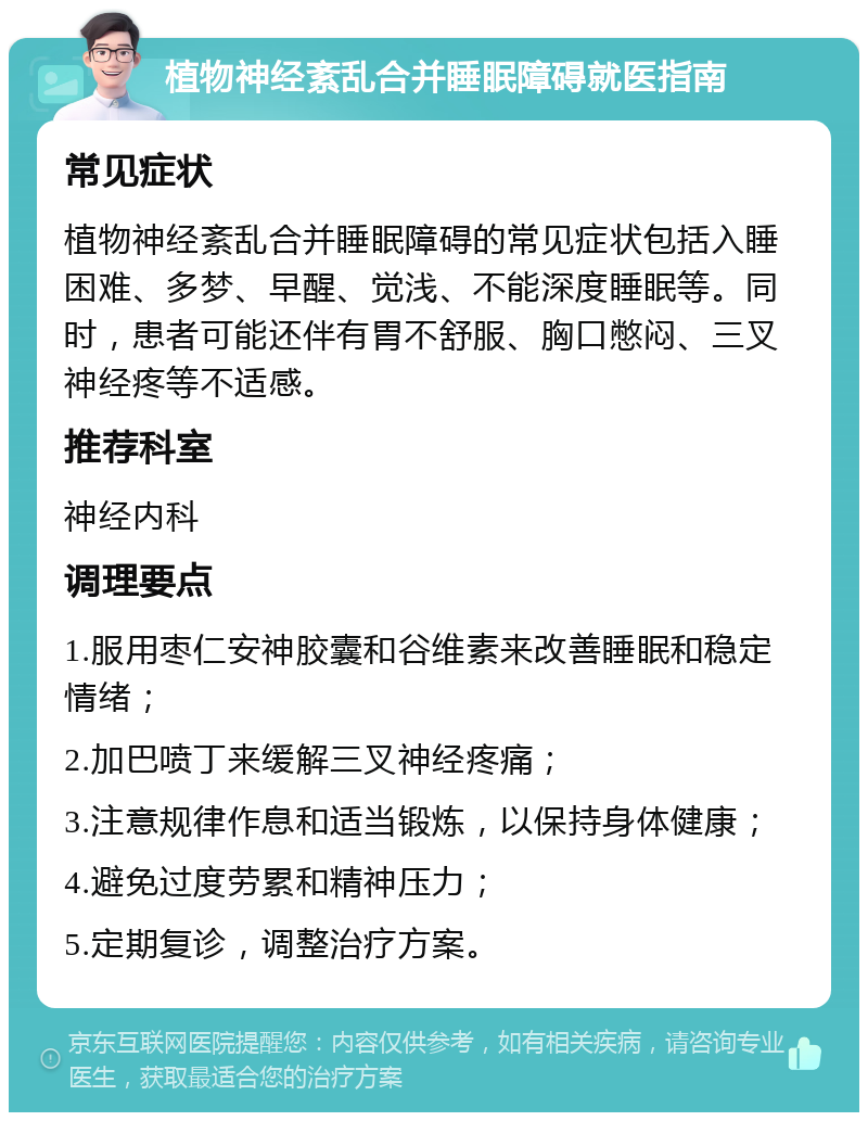 植物神经紊乱合并睡眠障碍就医指南 常见症状 植物神经紊乱合并睡眠障碍的常见症状包括入睡困难、多梦、早醒、觉浅、不能深度睡眠等。同时，患者可能还伴有胃不舒服、胸口憋闷、三叉神经疼等不适感。 推荐科室 神经内科 调理要点 1.服用枣仁安神胶囊和谷维素来改善睡眠和稳定情绪； 2.加巴喷丁来缓解三叉神经疼痛； 3.注意规律作息和适当锻炼，以保持身体健康； 4.避免过度劳累和精神压力； 5.定期复诊，调整治疗方案。